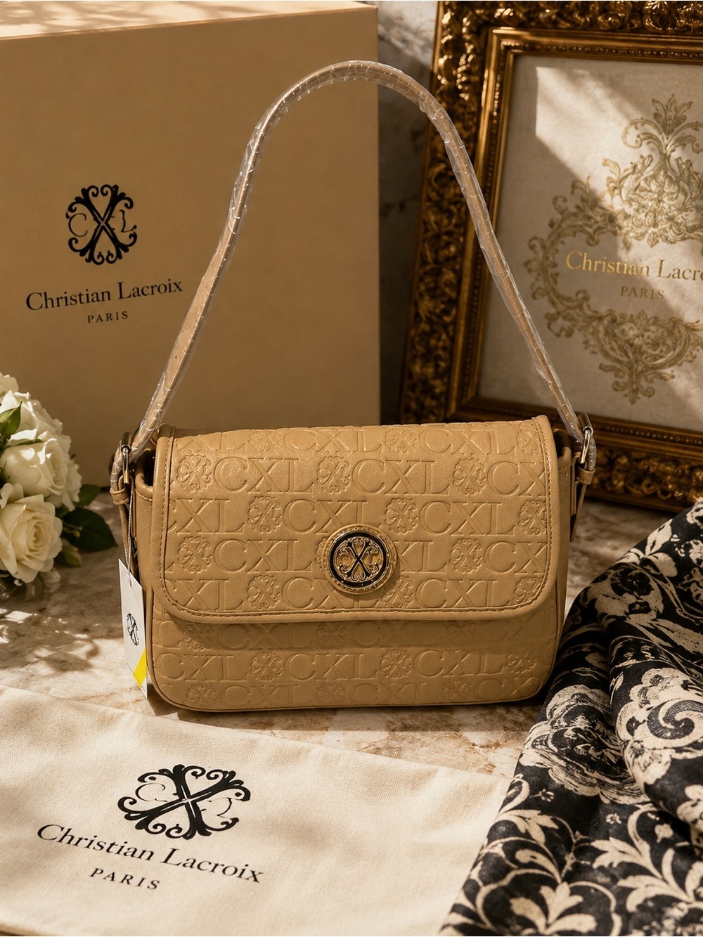 Christian Lacroix Tan Embossed Monogram Shoulder Bag – New With Tags